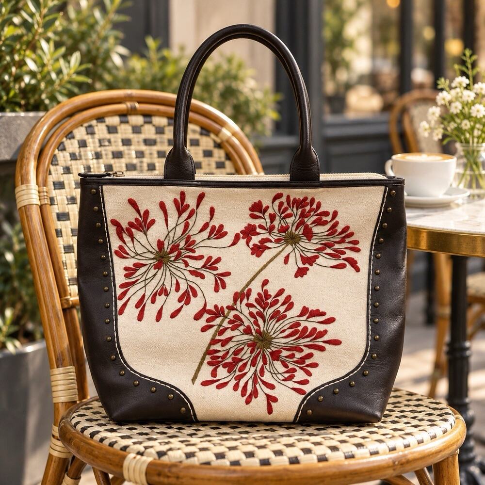 Martha N Embroidered Red Floral Canvas Tote Shoulder Bag Brown Studded Trim